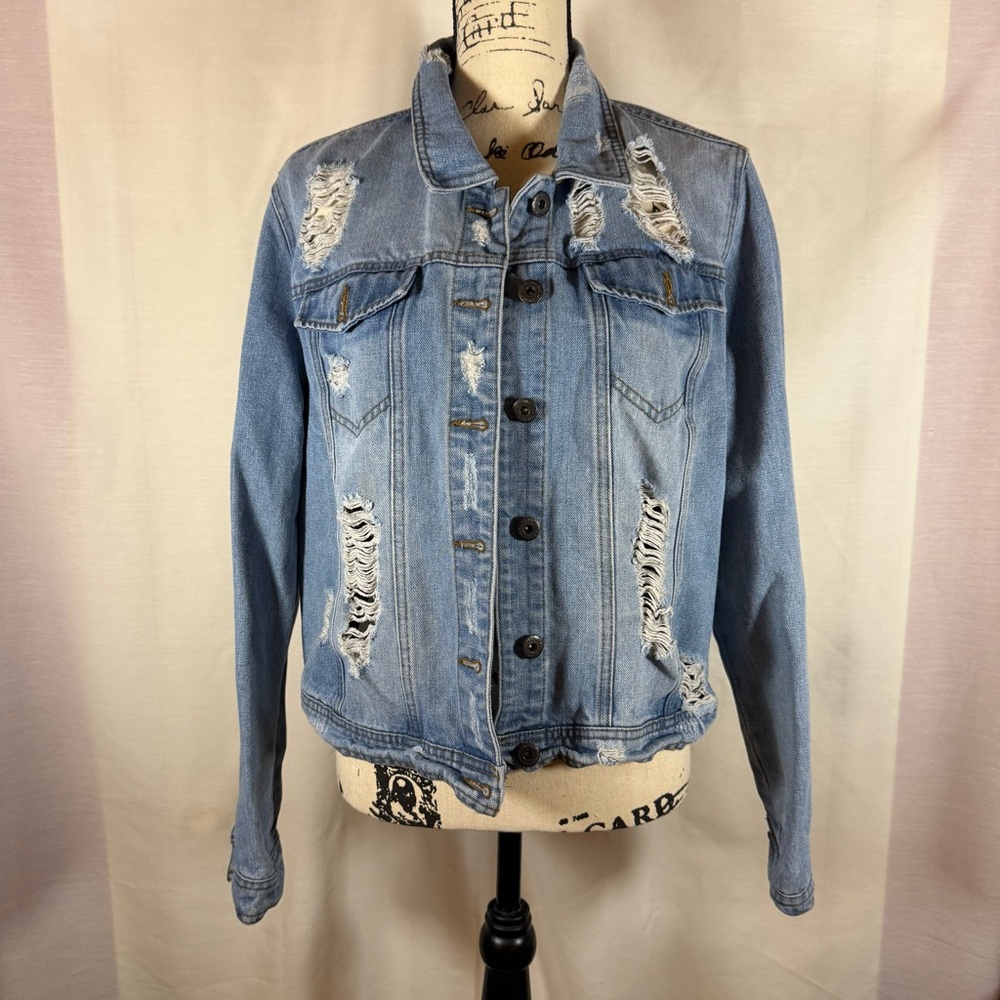Highway Jeans Women’s Denim Distressed Stud Button Front Jacket Sz XL EUC